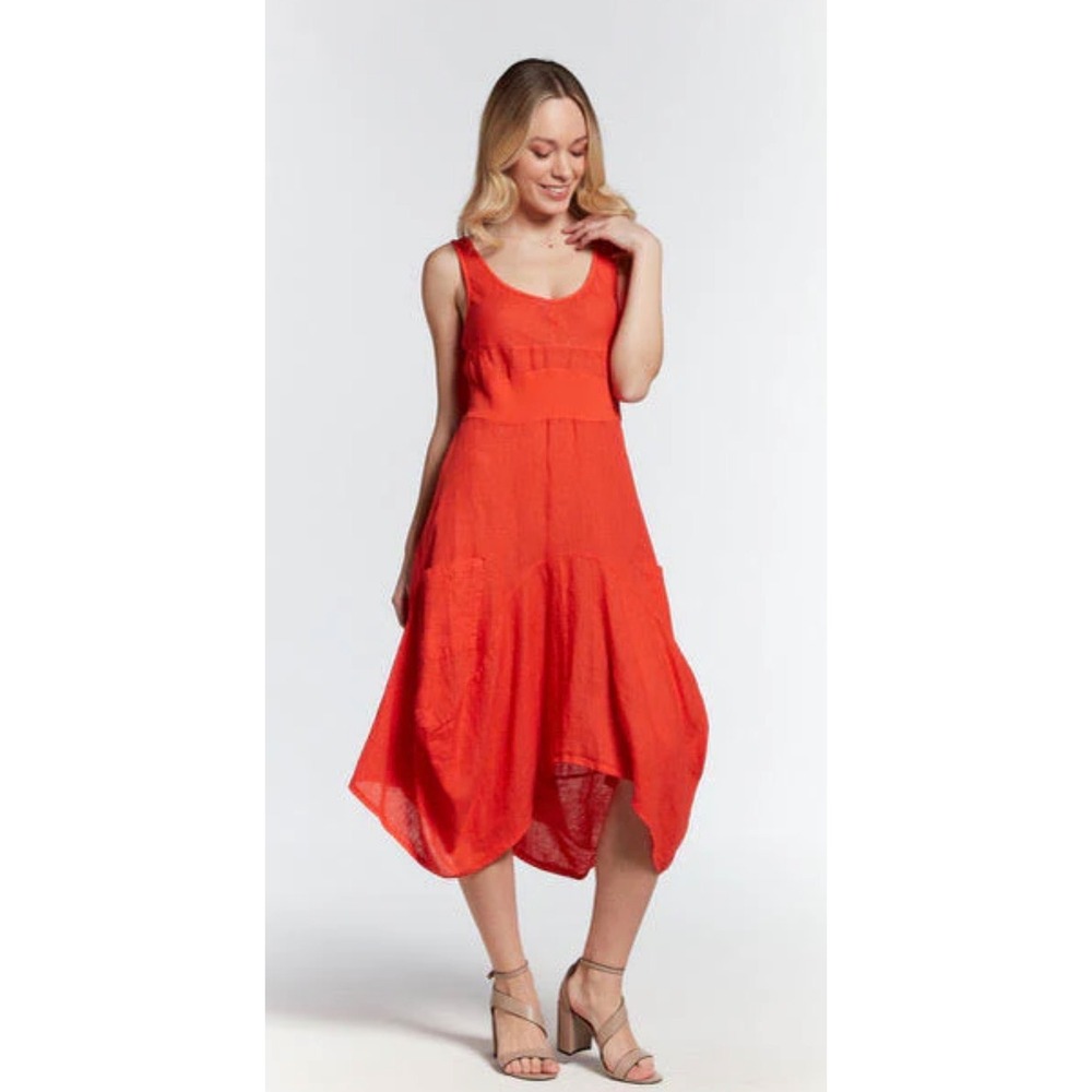Inizio Midi Dress Small Orange Linen Cotton Ribbed Pockets Made in Italy